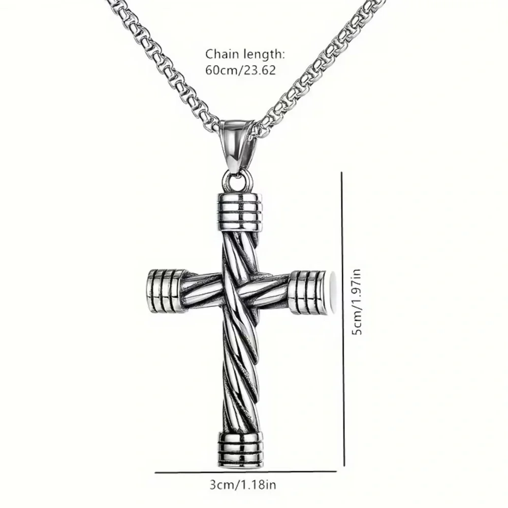NWT Men’s Titanium Steel Twisted Rope Cross Pendant Necklace Box Chain